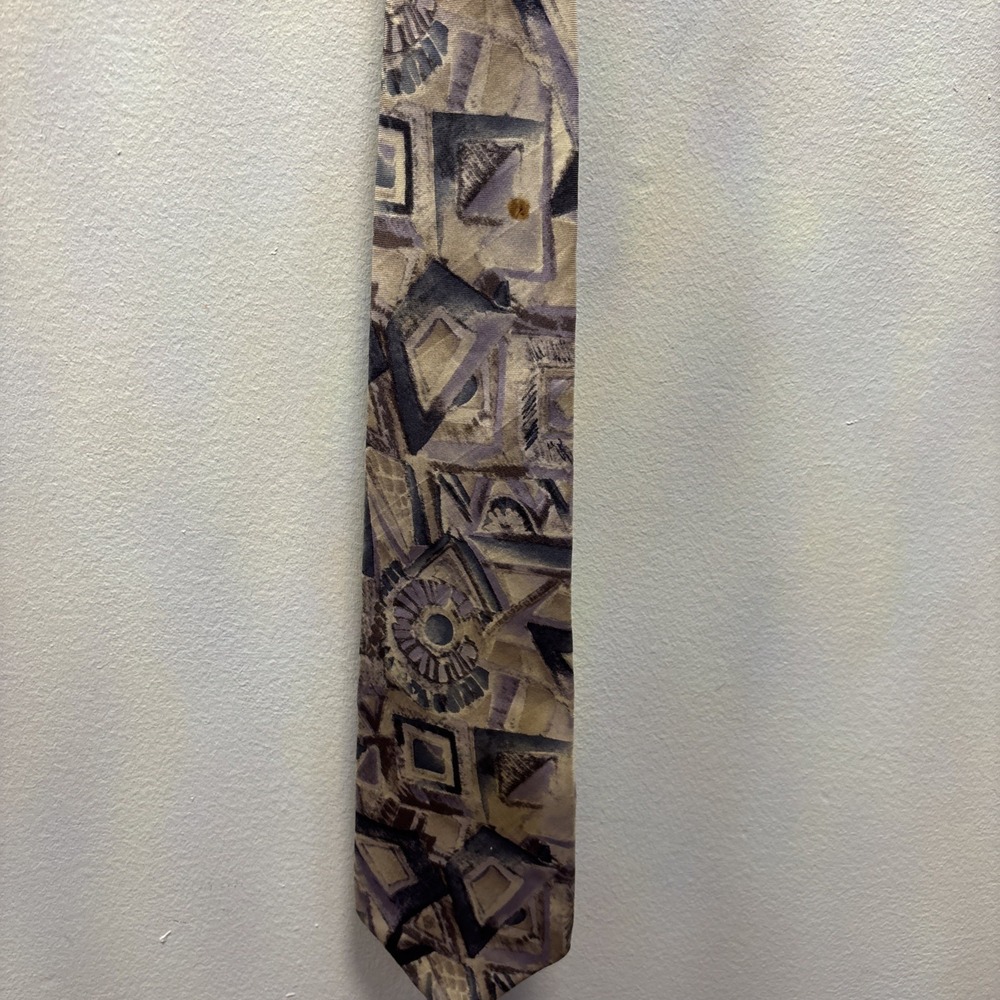 Jones New York Mens Silk Tie Abstract Geometric Hand Printed Purple Grey USA